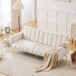 ModernLuxe Velvet sofa bed with adjustable backrest, armrests & sleeper in Beige - thumbnail 5