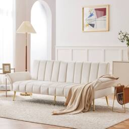 ModernLuxe Velvet sofa bed with adjustable backrest, armrests & sleeper in Beige - thumbnail 4
