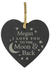 Personalised Memento Company Personalised Engraved Moon & Back Slate Heart Decoration in Black