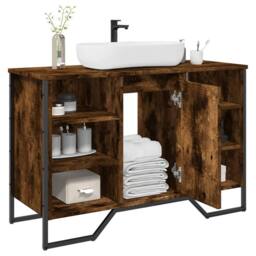 Berkfield Home Modern Bathroom Sink Cabinet Smoked Oak 91x35x60 cm Engineered Wood - Size: 91 x 35 x 60 cm - thumbnail 2