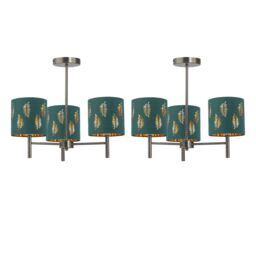 First Choice Lighting Set of 2 Brea - Antique Brass Light Fittings & Dark Green Fern Shades in Gold