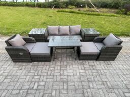 Fimous Outdoor Garden Furniture Sets 8 Pieces Wicker Rattan Furniture Sofa Sets with Rectangular Dining Table 2 Big Footstool in Dark Grey - thumbnail 1