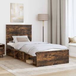 Berkfield Home Bed Frame with Headboard Smoked Oak 75 x 190 cm Solid Pine Wood in Brown - thumbnail 3