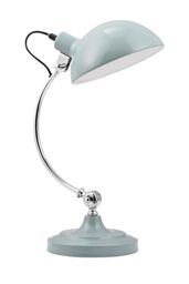 Orsina Shutter Blue Table Lamp, Round Base Desk Lamp With Arched Chrome Arm & Hood, Durable Metal Night Light