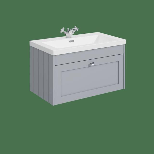 Balterley 800mm Wall Hung 1 Drawer Unit, Minimalist Basin 1 Tap Hole Satin Grey - image 1