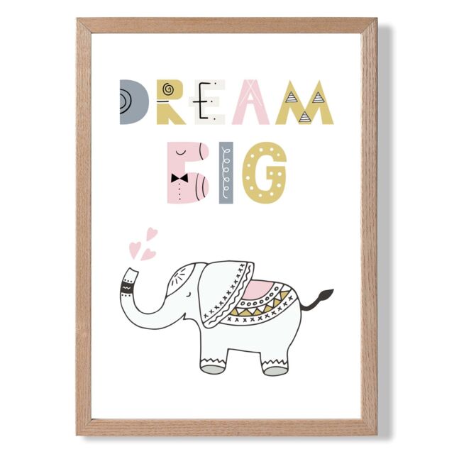 ARTZE Cute Dream Big Elephant Scandi Quote Framed Print SIZE: A3 with Oak Frame in Pink - Size: A4 - image 1