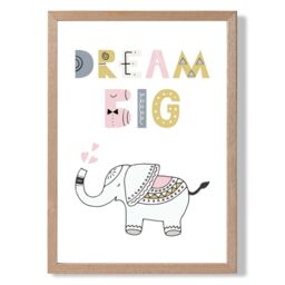 ARTZE Cute Dream Big Elephant Scandi Quote Framed Print SIZE: A3 with Oak Frame in Pink - Size: A4