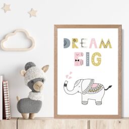 ARTZE Cute Dream Big Elephant Scandi Quote Framed Print SIZE: A3 with Oak Frame in Pink - Size: A4 - thumbnail 2
