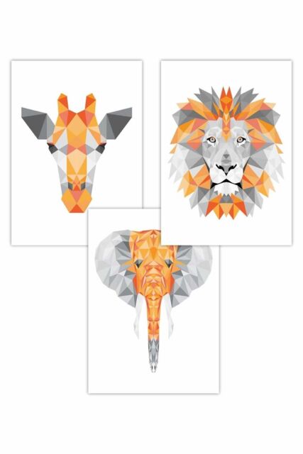 ARTZE Set of 3 Geometric Orange Grey Jungle Animal Heads Art Posters - Size: W50 cm x H70 cm - image 1