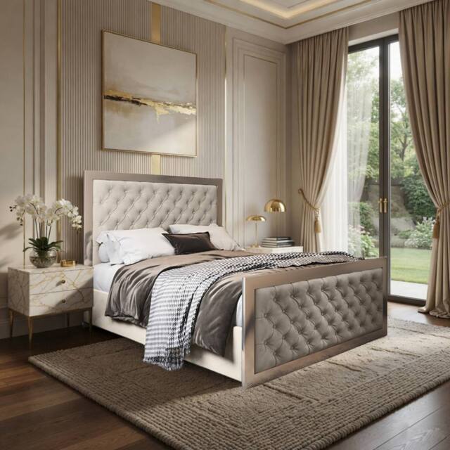 Casani Launceston Upholstered Soft Velvet Beige Metal Designer Bed Frame in Cream - Size: Small Double - image 1