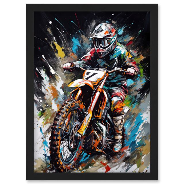 Artery8 Motocross Race Driver Number 7 Racing Action Shot Artwork Framed Wall Art Print A4 in Black - image 1