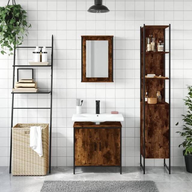 Berkfield Home Durable 3 Piece Bathroom Furniture Set Smoked Oak Engineered Wood in Brown - image 1
