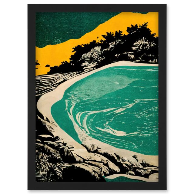 Artery8 Beach Lagoon Abstract Marbled Seascape Mustard Teal Artwork Framed Wall Art Print A4 in Black - image 1