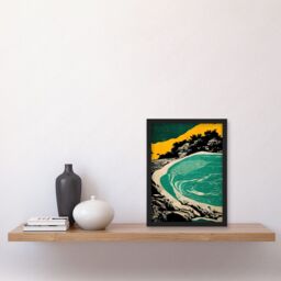 Artery8 Beach Lagoon Abstract Marbled Seascape Mustard Teal Artwork Framed Wall Art Print A4 in Black - thumbnail 2