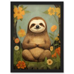Artery8 Wall Art Print Smiling Sloth Meditating in Forest Flowers Kids Bedroom Artwork Framed A4 in Black - thumbnail 1