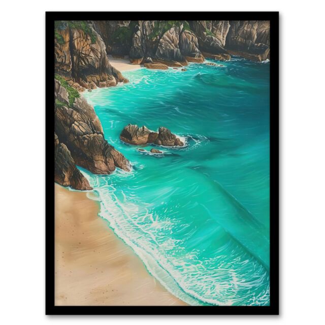 "Artery8 Porthcurno Beach Cliffs Aerial View Landscape Framed Art Print in Blue - Size: W12"" x H16""" - image 1