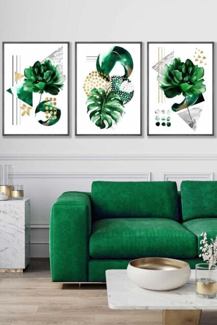 ARTZE Abstract Green Gold Botanical Framed Wall Art - Large in Dark Grey - Size: W53 cm x H73 cm x D20mm - image 1