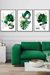 ARTZE Abstract Green Gold Botanical Framed Wall Art - Large in Dark Grey - Size: W53 cm x H73 cm x D20mm