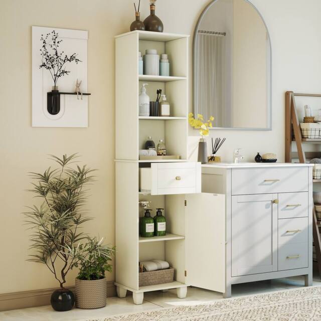 Costway Narrow Bathroom Cabinet 172cm Tall Floor Cabinet w/ Shelves & Drawer in Beige - image 1