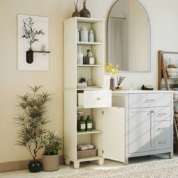 Costway Narrow Bathroom Cabinet 172cm Tall Floor Cabinet w/ Shelves & Drawer in Beige