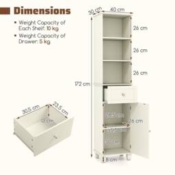 Costway Narrow Bathroom Cabinet 172cm Tall Floor Cabinet w/ Shelves & Drawer in Beige - thumbnail 2