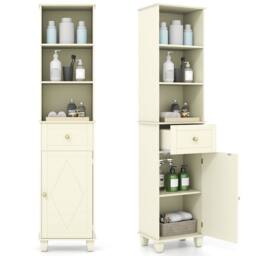 Costway Narrow Bathroom Cabinet 172cm Tall Floor Cabinet w/ Shelves & Drawer in Beige - thumbnail 3