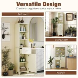 Costway Narrow Bathroom Cabinet 172cm Tall Floor Cabinet w/ Shelves & Drawer in Beige - thumbnail 9
