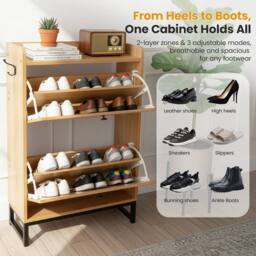 PAWNORA Rattan Shoe Storage Cabinet & 2 Flip Drawers in Brown - thumbnail 4
