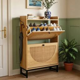 PAWNORA Rattan Shoe Storage Cabinet & 2 Flip Drawers in Brown - thumbnail 1