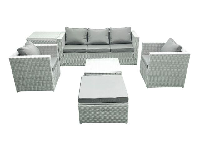 Fimous 6 Seater Rattan Garden Furniture Set with 3 Seater Sofa 2 Chair Square Coffee Table Big Footstool Side Table Light Grey Mixed - image 1