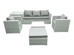 Fimous 6 Seater Rattan Garden Furniture Set with 3 Seater Sofa 2 Chair Square Coffee Table Big Footstool Side Table Light Grey Mixed - thumbnail 1