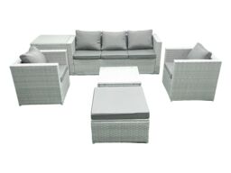 Fimous 6 Seater Rattan Garden Furniture Set with 3 Seater Sofa 2 Chair Square Coffee Table Big Footstool Side Table Light Grey Mixed - thumbnail 2