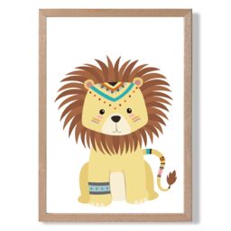 ARTZE Lion Tribal Animal Framed Print SIZE: A3 with Oak Frame in Yellow - Size: A4