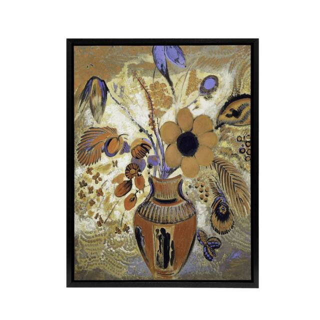 "Artery8 Etruscan Vase with Flowers Redon Vintage Black Framed Canvas Wall Art in Brown - Size: W24"" x H32""" - image 1