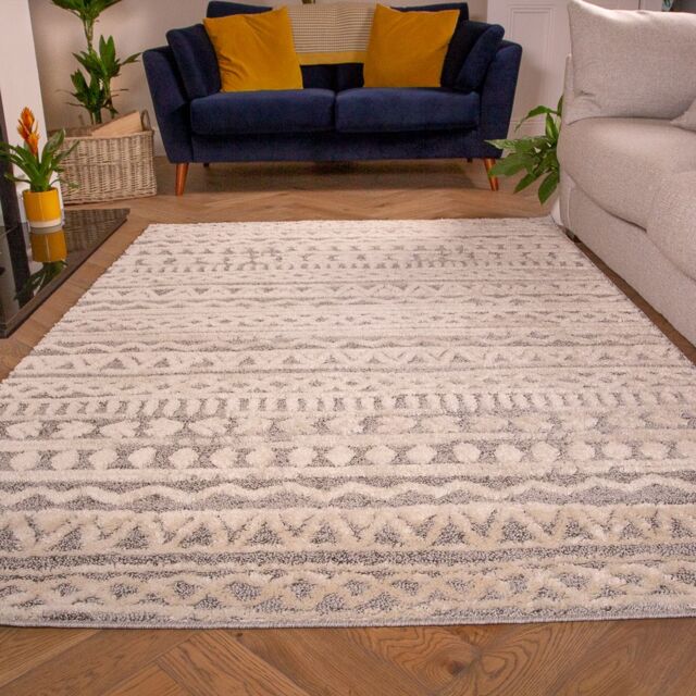 Kukoon Grey Cream Aztec Loop & Tufted Shaggy Rug in Mid Grey - Size: 60 cm x 110 cm - image 1