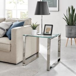 FurnitureboxUK Miami Modern Square Clear Glass Side End Bedside Table with Square Silver Chrome Metal Legs for Living Room or Bedroom