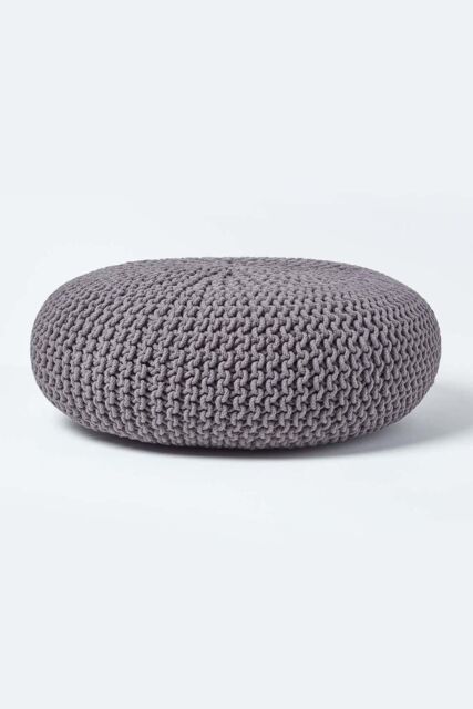 Homescapes Large Round Cotton Knitted Pouffe Footstool in Dark Grey - image 1