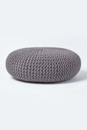 Homescapes Large Round Cotton Knitted Pouffe Footstool in Dark Grey - thumbnail 1