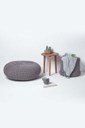 Homescapes Large Round Cotton Knitted Pouffe Footstool in Dark Grey - thumbnail 6