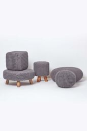 Homescapes Large Round Cotton Knitted Pouffe Footstool in Dark Grey - thumbnail 5