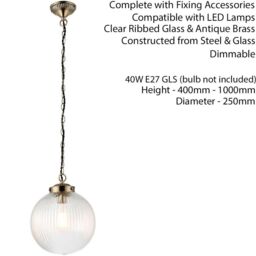 Loops Hanging Ceiling Pendant Light BRASS & RIBBED GLASS Round Lamp Shade Bulb Holder in Clear - thumbnail 2