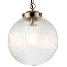 Loops Hanging Ceiling Pendant Light BRASS & RIBBED GLASS Round Lamp Shade Bulb Holder in Clear