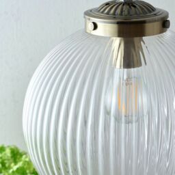 Loops Hanging Ceiling Pendant Light BRASS & RIBBED GLASS Round Lamp Shade Bulb Holder in Clear - thumbnail 3
