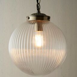 Loops Hanging Ceiling Pendant Light BRASS & RIBBED GLASS Round Lamp Shade Bulb Holder in Clear - thumbnail 4