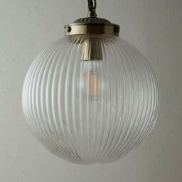 Loops Hanging Ceiling Pendant Light BRASS & RIBBED GLASS Round Lamp Shade Bulb Holder in Clear - thumbnail 5
