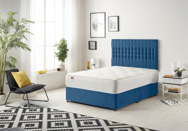 Somnior Galaxy Sprung Memory Foam Divan Bed with Headboard In Plush Fabric in Navy - Size: Single - image 1