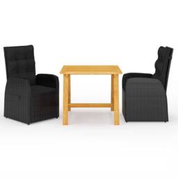 Berkfield Home 3 Piece Garden Dining Set with Cushions Black Poly Rattan - thumbnail 2