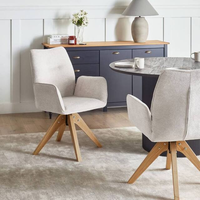 Wyld and Coco Swivel Dining Chair - Light Beige Faux Linen High Back - image 1