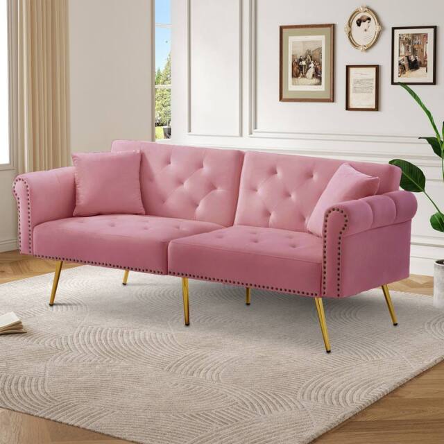 Merax Two Seater Velvet Sofa Bed with Adjustable Backrest in Pink - image 1
