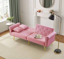 Merax Two Seater Velvet Sofa Bed with Adjustable Backrest in Pink - thumbnail 2